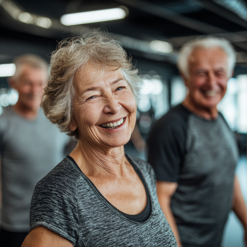 Усмихнати български възрастни от различни възрасти в модерна фитнес зала, заедно упражняват със свободни тежести