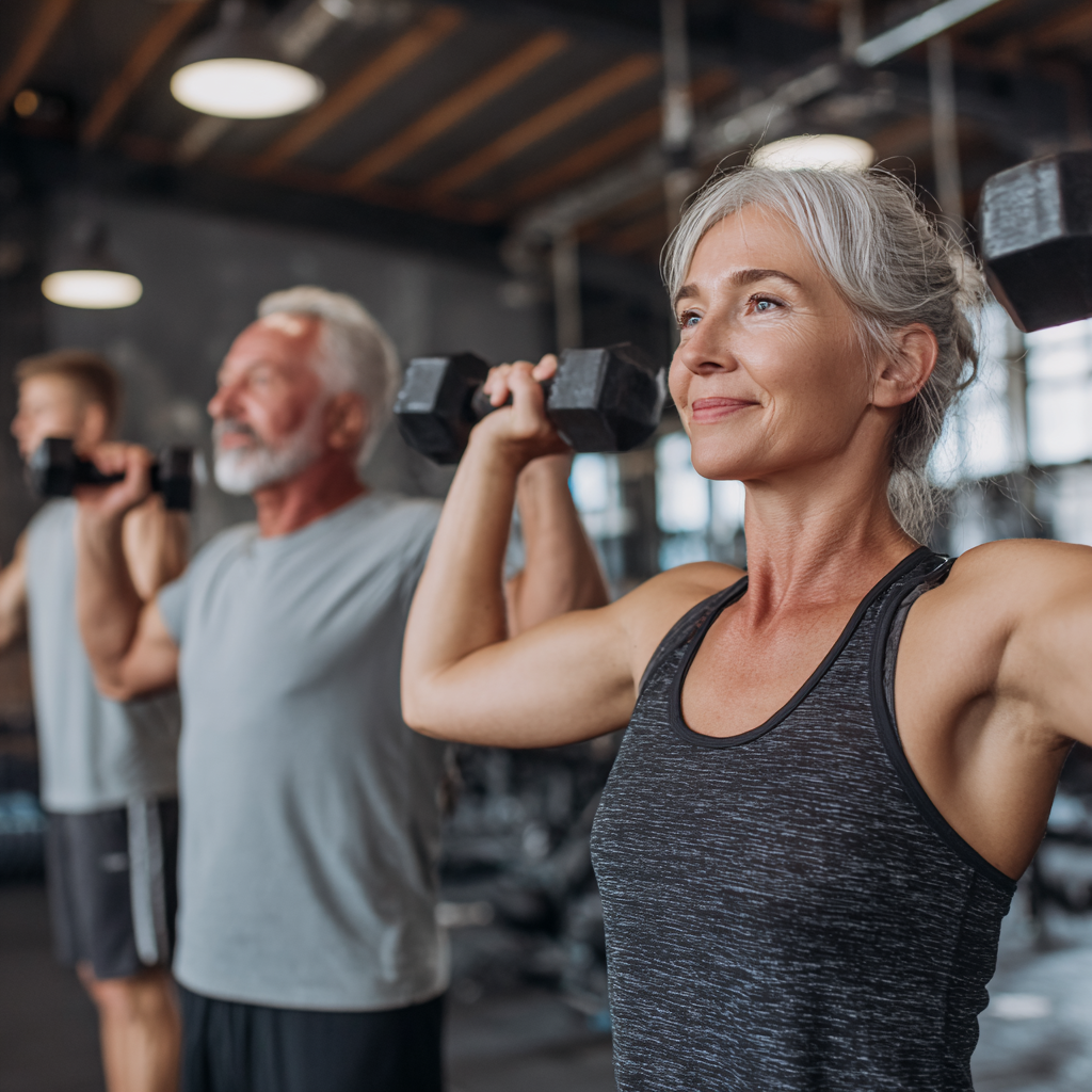 Българин на средна възраст с увереност показва резултатите от тренировките си в професионална фитнес среда